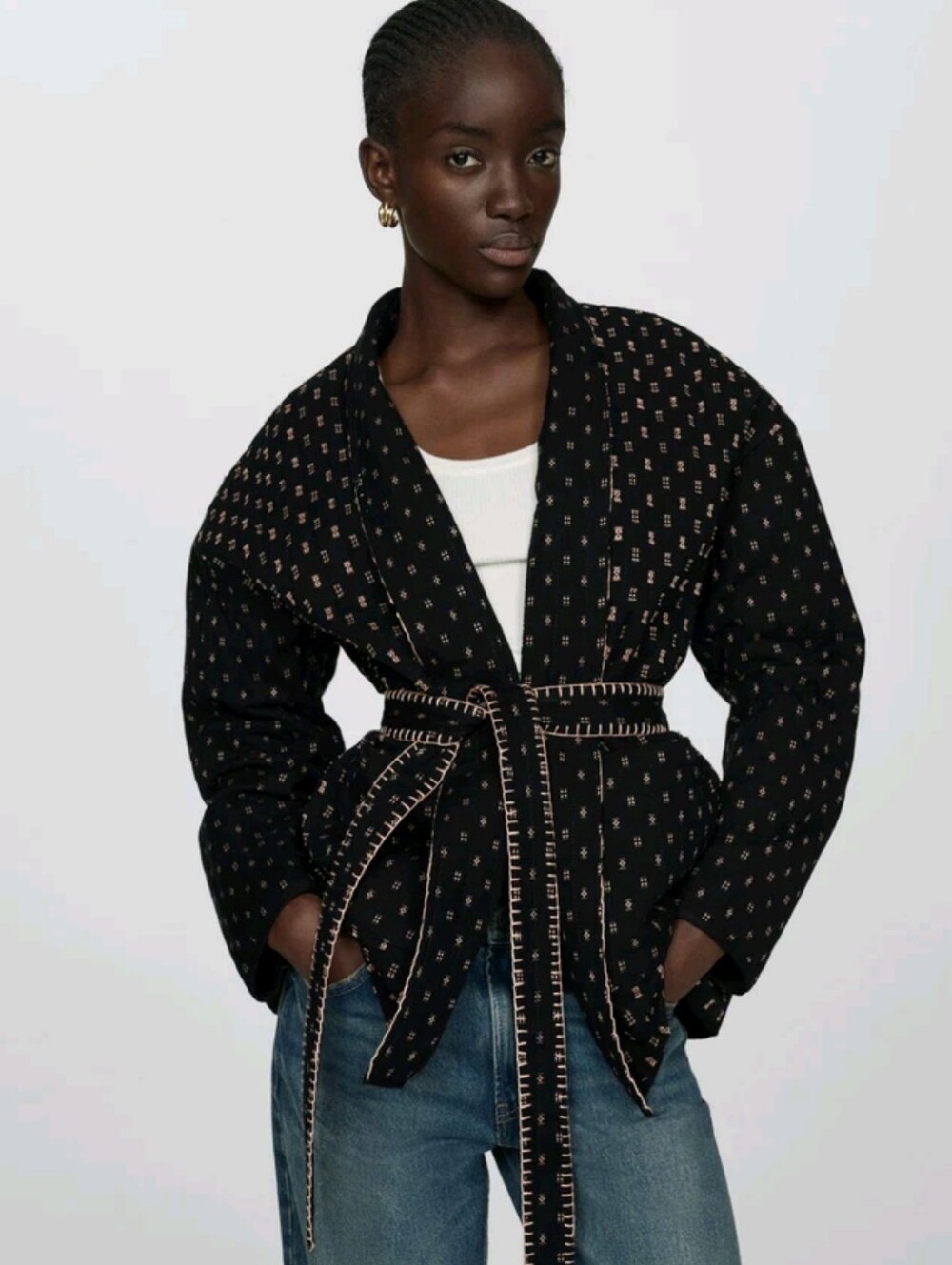 MANGO BLACK EMBROIDERED DETAILS QUILTED BELTED JACKET SZ S